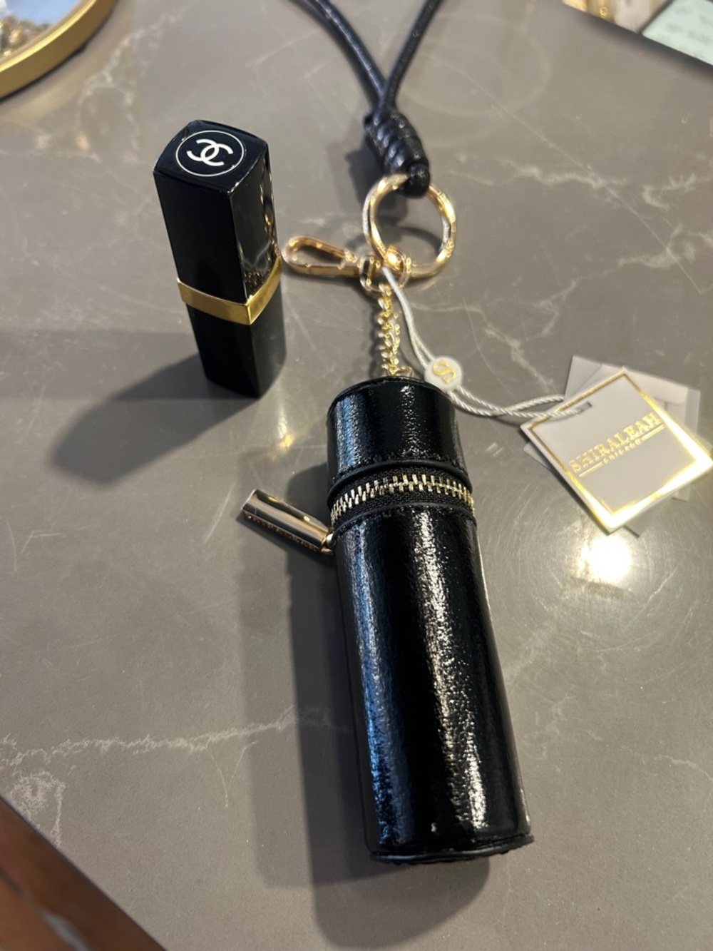 Shiraleah Black Patent Lipstick Case Keychain with Gold Hardware